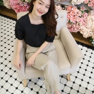 Primrose 襯衫：方領燈籠袖黑色亞麻上衣