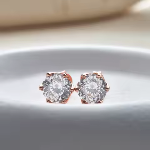 5/6.5/8mm Round 100 Face Cut Moissanite Stud Earrings For Women S925 Sterling Silver Rose Gold Plate