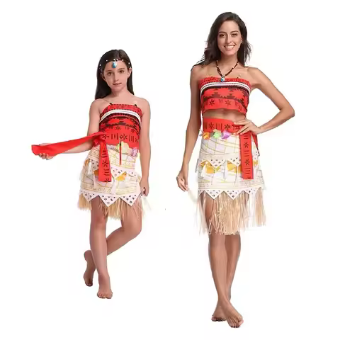 Kids Cosplay Vaiana Moana Princess Costume Dress Adult Necklace Wig Girl Halloween Party Moana Dress