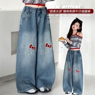 女孩子时尚卡通风HelloKitty刺绣牛仔裤女童中腰格子裤脚阔腿裤秋8/29 Girls' Fashion Cartoon Style Hello Kitty Embroidered Jeans, 