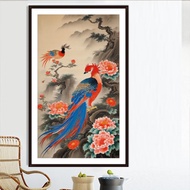 Embroidered painting of a peacock next to a peony branch - fully embroidered 50x80cm - unembroidered