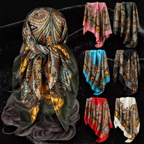 Vintage Print Head Scarf Paisley Satin Head Scarf Cashew Flower Women's Trendy Versatile Rayon Paisl