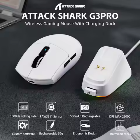 ATTACK SHARK G3PRO Wireless Gaming Mouse with RGB Charging Dock,2.4G/USB-C Wired/BT PAW3311 Optical 