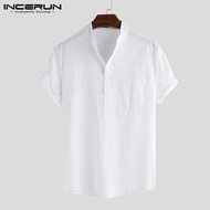 {ZDJFNH} INCERUN Men Casual Round Neck Tops Shirts 100%Cotton Pocket Design Plain Short Sleeve Shirt
