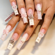 Exquisite Camellia Pink Heart Press on Nails Luxury Rhinestone Fake Nails Set