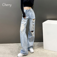 Quần jean nữ ống rộng rách gối CHERRY baggy dáng suông quần bò ống rộng nữ rách gối cạp cao cá tính 