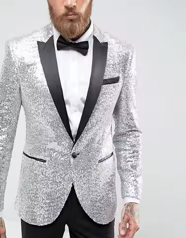 One Button Men Suits Silver and Black Groom Tuxedos Peak Satin Lapel Groomsmen Wedding Best Man ( Ja