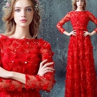 Gaun Pengantin Dress Lace Mewah Motif Bordir Warna Merah Berkualitas