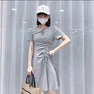Drawstring pleated dress womens short sleeve 2023 summer new hot girl pure lust style slim slim a sh