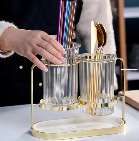 Household Golden Chopsticks Rack Drain Knife and Fork Storage Bucket Tableware Box Simple Alloy Spoo