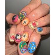 Y2K style dopamine metallic lines, cute girl hand-painted short nails, handmade wearing nails