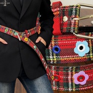 4-1Pc Y2K Dopamine Flower Deco Belt - for Women Girl - Floral Red Plaid Waist Belt - Adjustable Wais