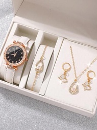 5入組女性時尚簡約手錶 + 鑲鑽蝴蝶珠寶套裝