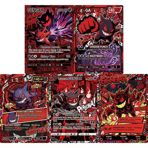 5Pcs Pokemon Cards Gengar Game UI Design Style PTCG Flash Cards Battle Collection Rainbow Cards Game