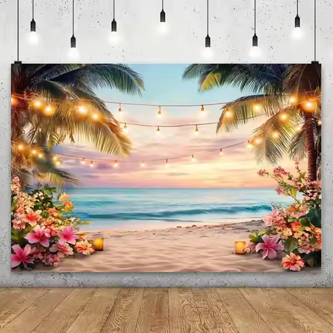 Summer Hawaiian Beach Photography Background Tropical Seaside Flowers Aloha Luau Ocean Holiday Party