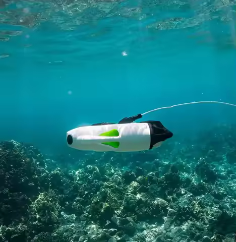 Zoom underwater drone high definition camera with suspended robotic arm device