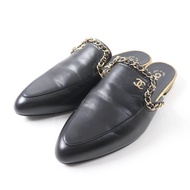 全新未使用 CHANEL 19A G34926 Coco Mark 鏈條裝飾尖頭黑色皮革穆勒鞋，金色五金配件，尺寸 37.5，義大利製造，原廠鞋盒