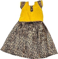 Golden Tissue &amp; Black Brocade Silk Short Sleeves Lehenga Choli Set, Pattu Pavadai, Kids Ethnic Wear