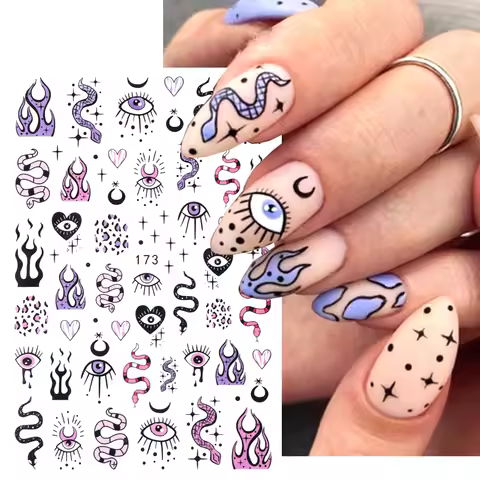3D Purple Blue Evil Eyes Nail Stickers Snake Moon Star Line Sliders For Nails Design Summer Decor Fl
