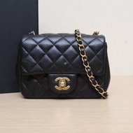 CHANEL CF口蓋包方胖子17黑色荔枝牛皮21開金扣肩背包