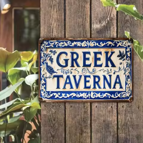 Vintage Greek Tavern Metal Sign Blue Beige Floral Wall Art 20.32x30.48cm Rustic Indoor Outdoor Decor