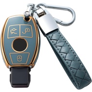Compatible with Mercedes Benz Key Fob Cover with Leather Lanyard, Car Key Case Shell Protection for 
