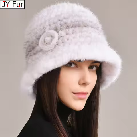 New Russian Girl Soft Knitting Real Fur Bucket Hats 2026 Warm Woman Hat Winter Solid Mink Caps With 