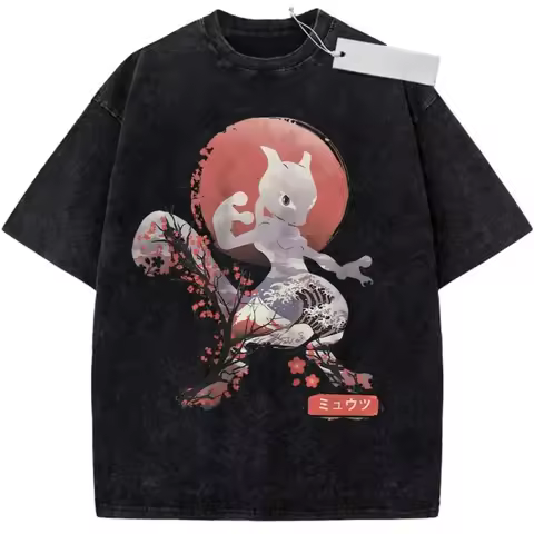 Vintage Washed Pokemon Mew T-Shirt Oversized Octopus Donut Graffiti Anime Graphic Streetwear Tee for