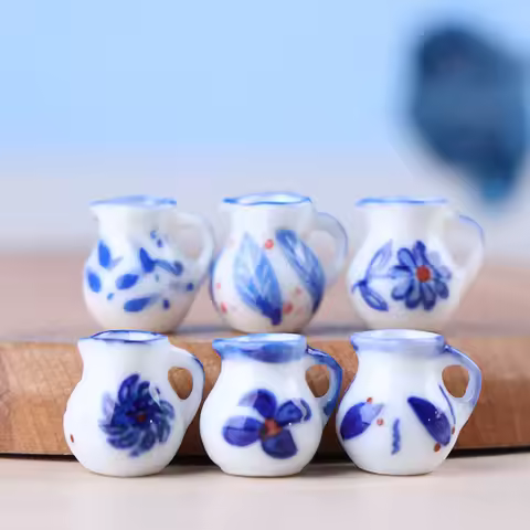6pcs 1/12 Scale Dollhouse Miniature Mini Porcelain Blue Print Milk Pots Teapot Water Cups Set Dolls 