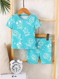 Conjunto De Camiseta De Manga Corta Y Pantalones Cortos Impreso Con Número Y Emojis Para Uso Casual Y Cómodo En Casa Para Bebé Varón