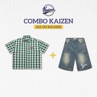 COMBO SHIRT + KAIZEN RETRO PLAID SHIRT + BAGGY DENIM SHORTS KAIZEN