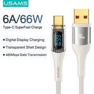 USAMS PD100W Type C เป็น Type C 6A USB-A กับ Type-C แบบชาร์จเร็วจอแสดงผลดิจิตอลแบบใสสายชาร์จสายไฟสำหรับ Huawei USB-C Samsung Galaxy S20 /Xiaomi Note 7 Redmi Note 8 Note 9S/Macbook Air 2020 ipad Pro