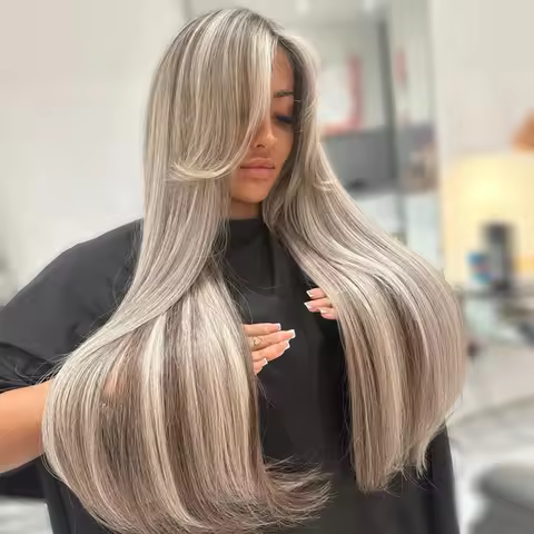 Straight 13x6 Ash Brown Highlight Lace Front Wig Human Hair Natural Hairline Ash Blonde Transparent 
