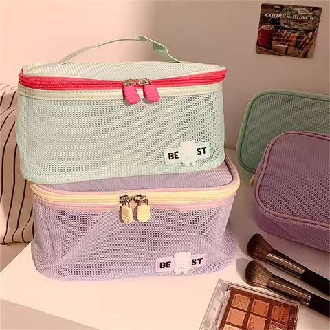 Women's Fashion Transparent Mesh Travel Cosmetic Bag Storage 1 layer Toiletry Bag Large Capacity Mak
