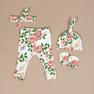 Newborn clothes set of 4: baby leggings, hat, headband and mitt size 0-3 months