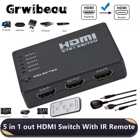 Grwibeou 1080P HDMI-compatible Switcher 5 in 1 out HDMI Switch Adapter for HDTV DVD PS3/4 TV Box swi