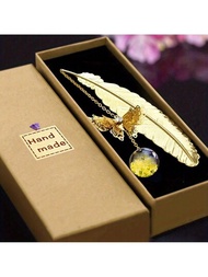 禮盒工藝風古典金屬黃銅羽毛蝴蝶永恆花書籤,適用於學校教師同學朋友的文具禮物