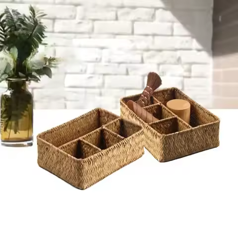 4 Grids Storage Basket Handmade Woven Willow Storage Basket For Clothes Cosmetic Stationery Hairpins
