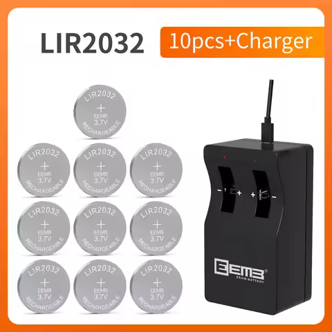 10PCS LIR2032 Battery With Charger 3.7V 2032 Rechargeable Lithium Ion Battery 45mAh Lithium Cell Coi