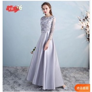 Ready stock, fast shipping Grey Korean style bridesmaid dress long sleeve wide neck free size baju p