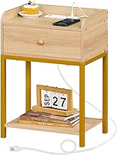 Lerliuo Nightstand with Charging Station and USB Ports, Natural Night Stand with Storage Drawers, 3-Tier Small End Side Table with Wood Shelf, Modern Bedside Nightstands for Bedroom