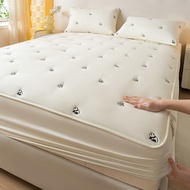 1Pc Cadar Single Queen King Size Embroidery Panda Pattern Mattress Protector White Color Quilted Fitted Sheet Bedsheet