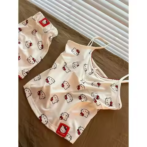 Hello Kitty Pajamas Set Anime Summer New Women's Vest Shorts Pajamas Sweet Student Casual Wear Girls