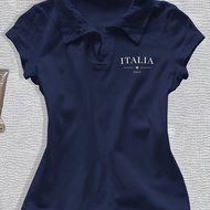 TEMU Women's Slim Fit Shirt - Small V-neck Short Sleeve With Italy Flag & Text Print, White With Gre