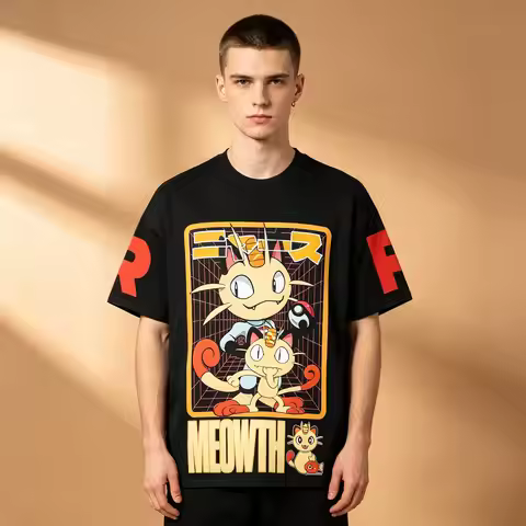 Men's Pokemon Meowth Retro Box Graphic T-Shirt, Black Japanese Letter Anime Otaku Streetwear Short S
