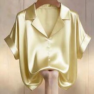 Women's Champagne Satin V-Neck Pearl Button Design Short Sleeve Blouse, Elegant For Spring/Summer Za