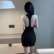 High Waist Short Skirt Dress Neck Strap Design Sleeveless Open Back Sexy Form-Fitting Pleated At The