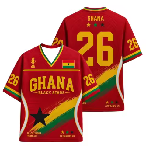 2026 New Unisex Ghana Flag Soccer Jersey Retro V Neck Short Sleeve Breathable Loose Fit Streetwear C