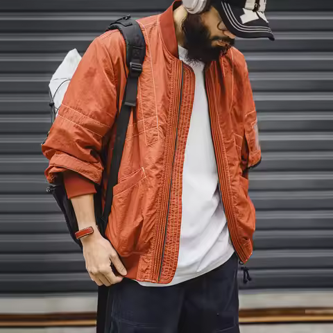 Maden Men‘s Vintage MA-1 Bomber Jacket Red Lightweight Pilot Coat with Zipper Classic Baseball Style