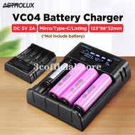 Astrolux VC04 Battery Charger Micro Type-C 2A Quick Charge Li-ion Ni-MH Current Optional USB Charger For 18650 26650 21700 AA AAA Battery
